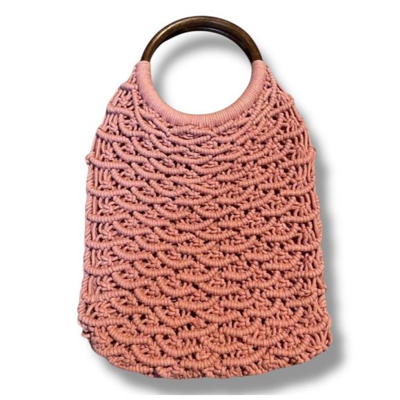 Sigrid Olsen Handmade Macrame Handbag Bamboo Handles Cotton Boho Hippie Peach/Pi - Picture 1 of 9